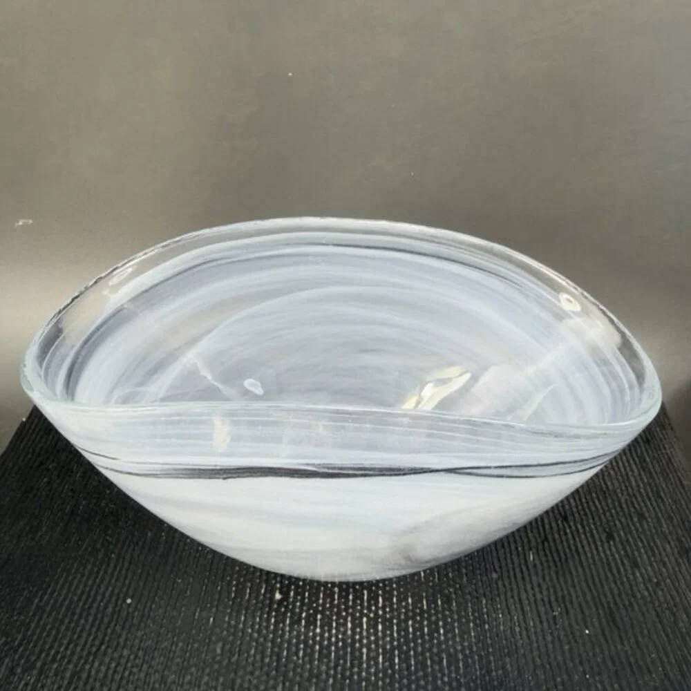 Venetian‎ Art Glass Curved Dish Bowl Recycle Glass Black Swirl Pattern Italy VTG